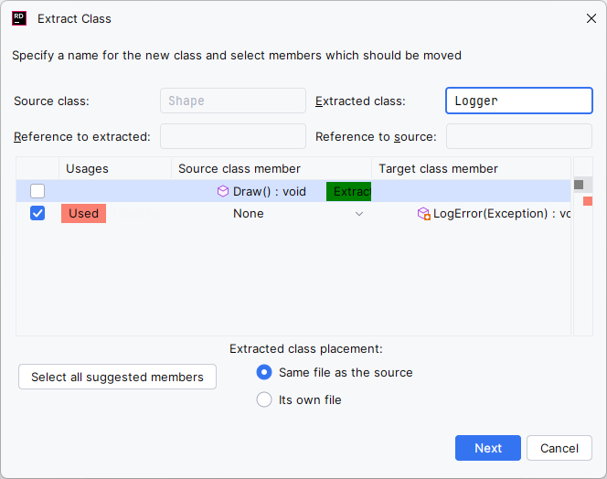 JetBrains&nbsp;Rider. Extract class refactoring