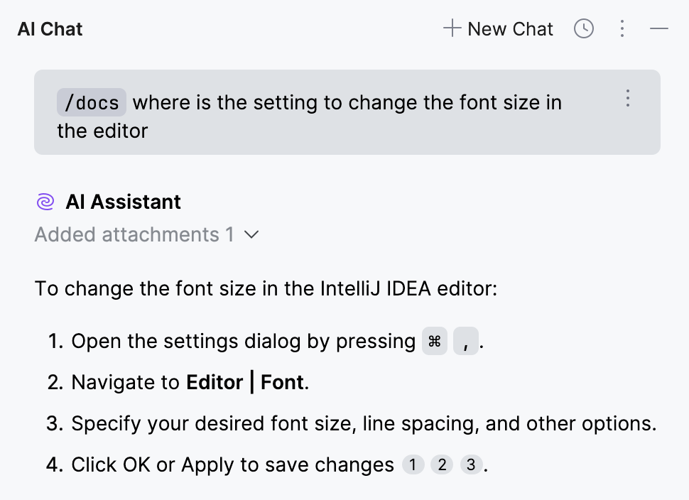 AI Assistant 聊天会引用 JetBrains&nbsp;Rider 文档中的信息