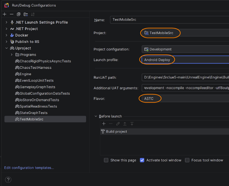 JetBrains Rider: 'Uproject' run configuration for Anroid device JetBrains Rider: 'Uproject' run configuration for Anroid device