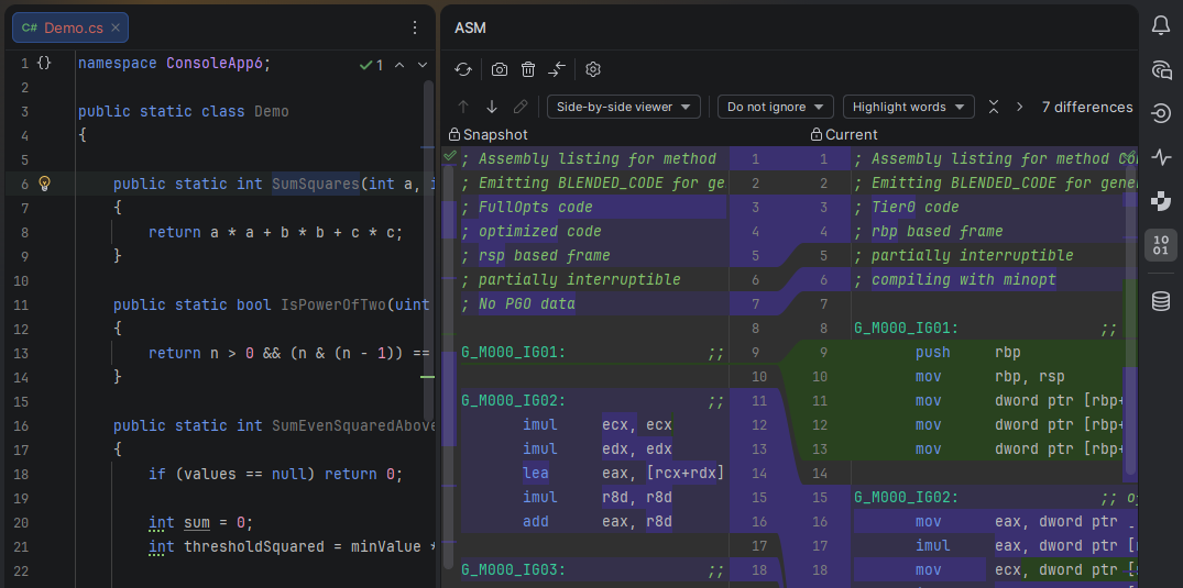 JetBrains&nbsp;Rider: ASM viewer. Disassembly diff