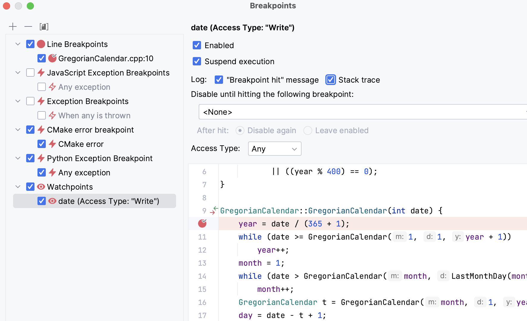 Watchpoint settings Watchpoint settings
