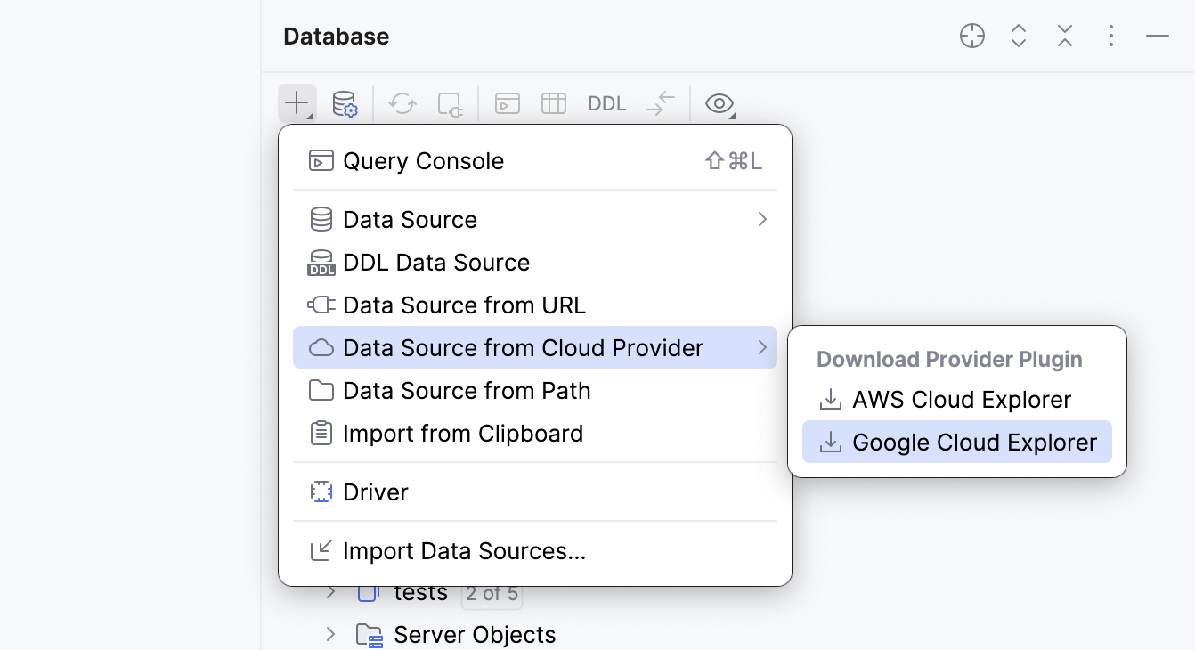 在 Database 工具窗口中选择要下载的 Google Cloud 云提供商插件