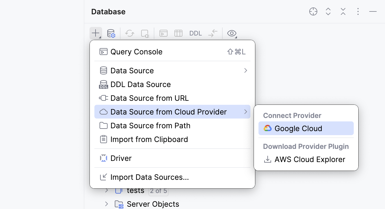 在 Database 工具窗口的云提供商子菜单中选择 Google Cloud
