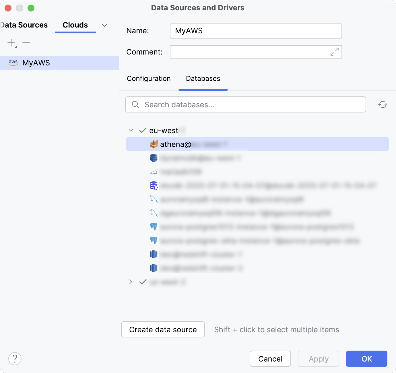 云账户中可用的数据库列表