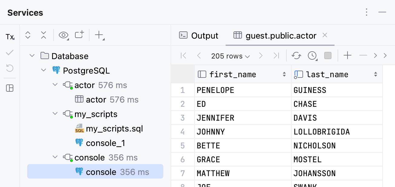 在 服務 工具窗口中的数据库服务