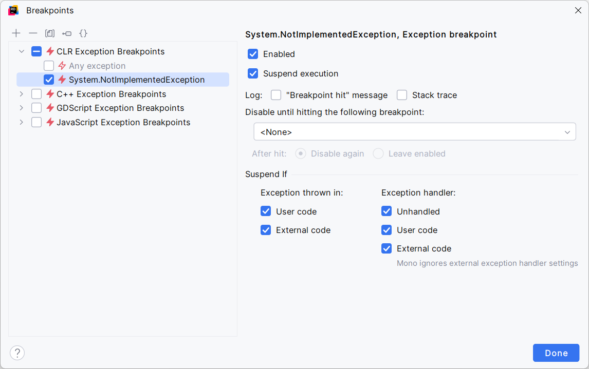JetBrains&nbsp;Rider: new exception breakpoint