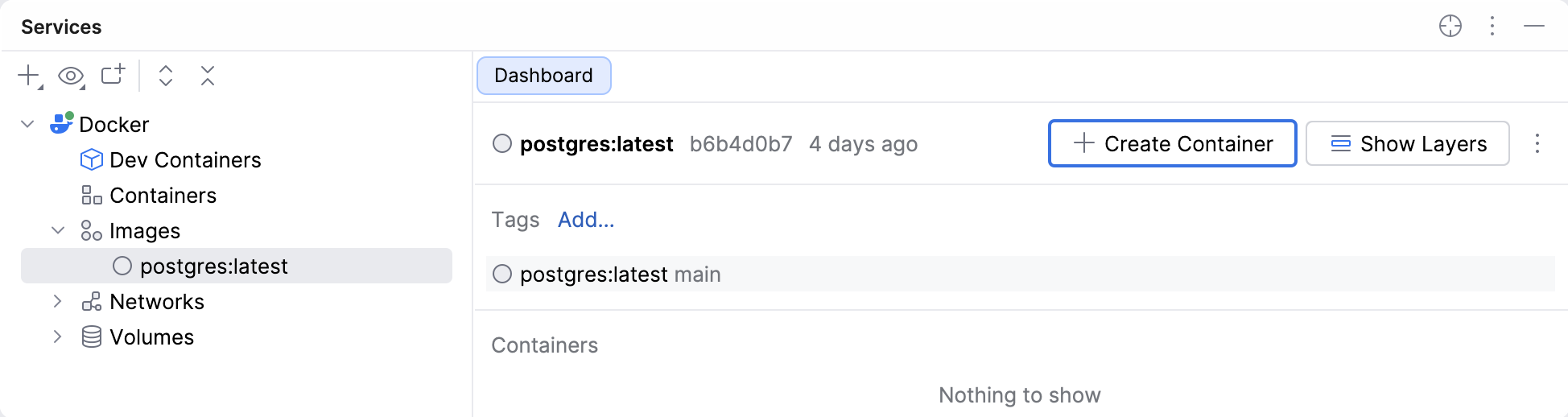 选择 PostgreSQL 映像并点击创建容器 选择 PostgreSQL 映像并点击创建容器