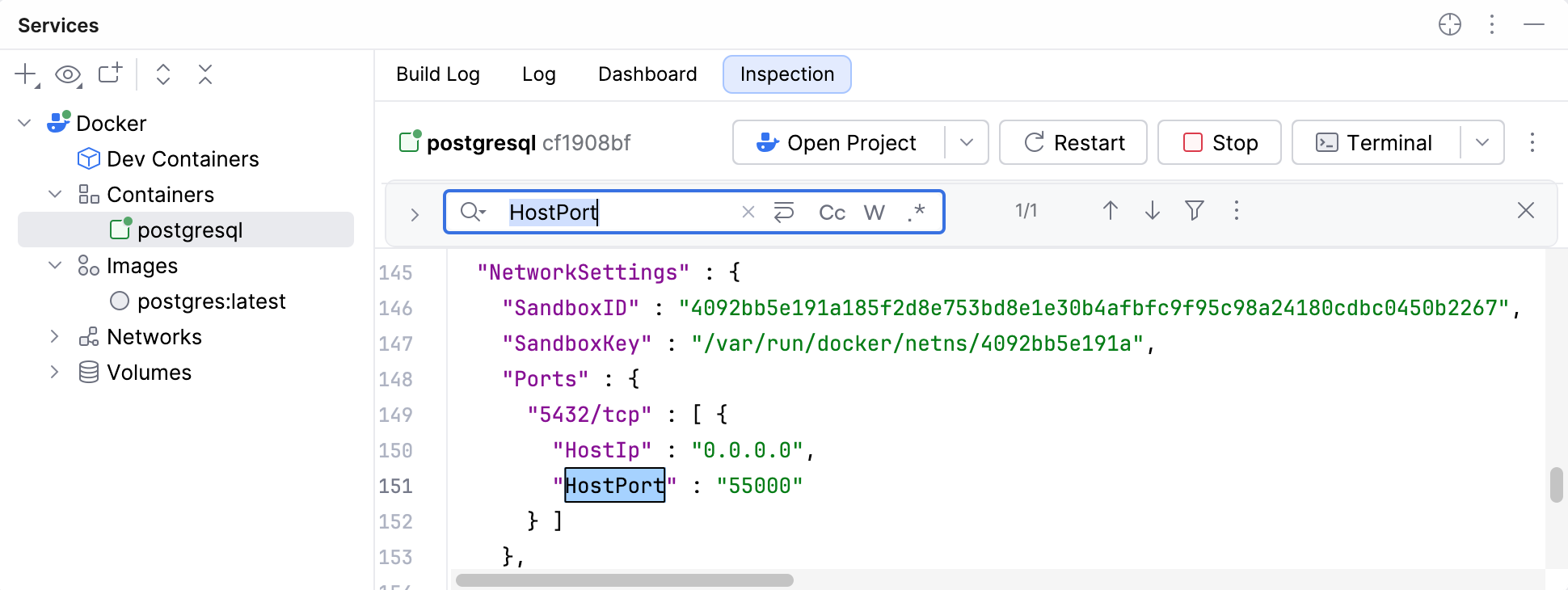 在 Services 工具窗口中检查端口映射