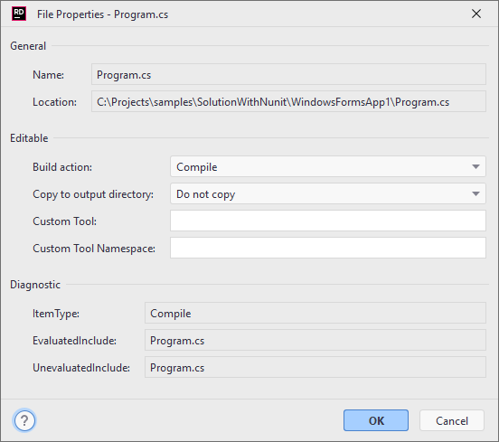 JetBrains&nbsp;Rider: File Properties dialog