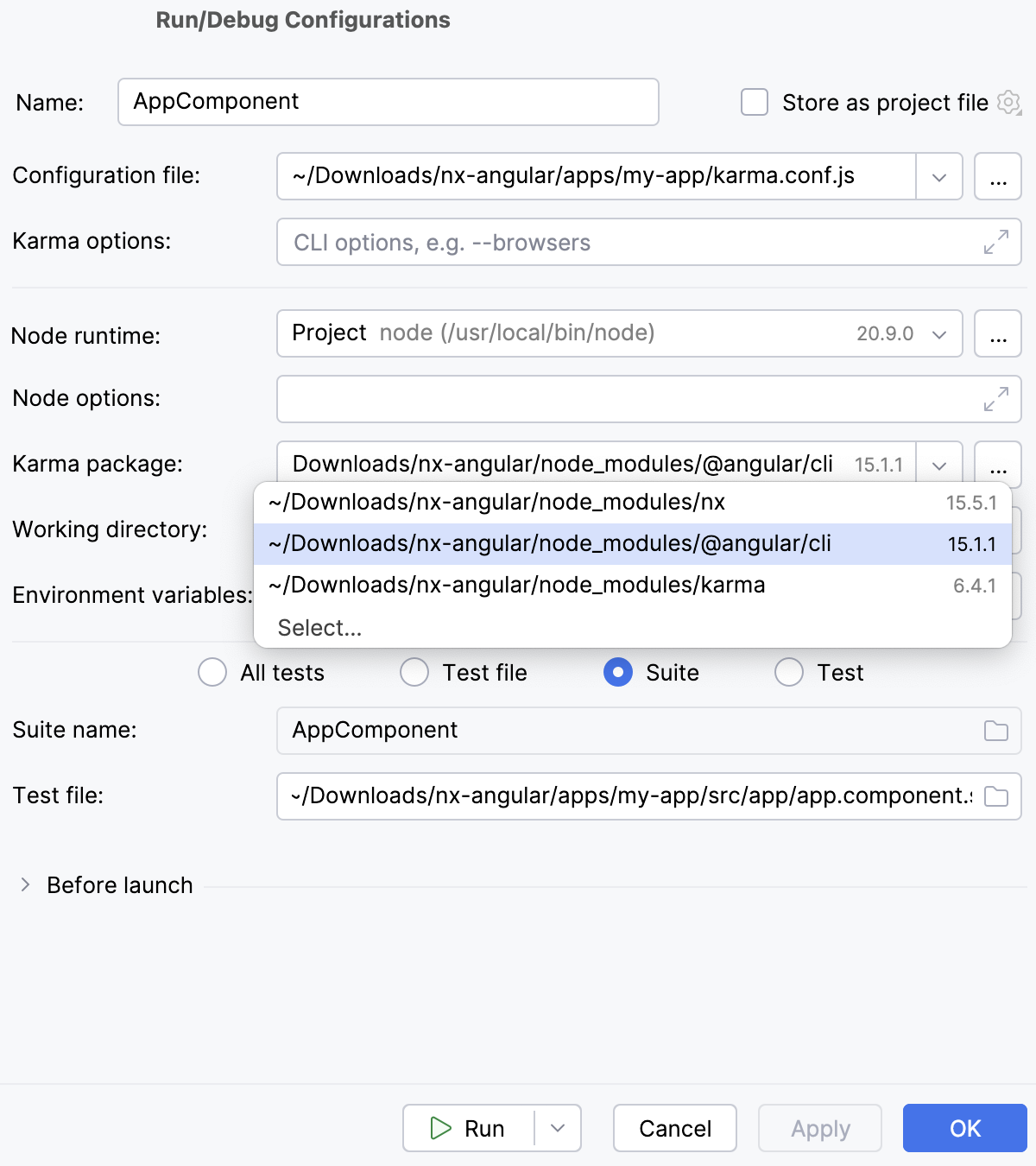 Karma 运行/调试配置 - 选择 Karma 包 Karma 运行/调试配置 - 选择 Karma 包