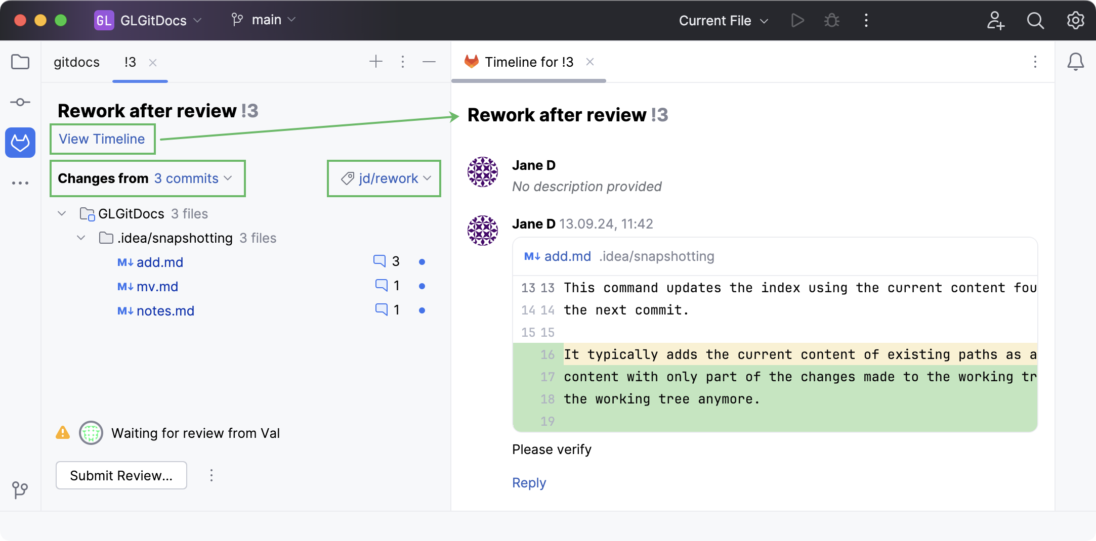 Merge request overview with highlighted options Merge request overview with highlighted options