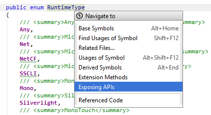 JetBrains&nbsp;Rider: Navigating to exposing APIs of a symbol