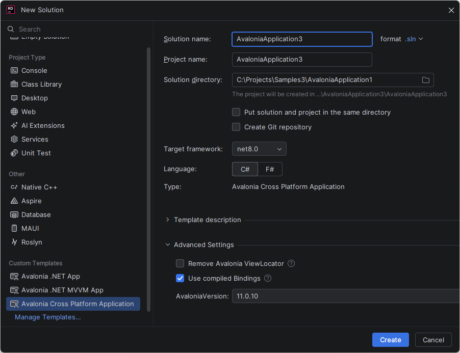 JetBrains&nbsp;Rider: New project. Avalonia