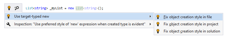 JetBrains&nbsp;Rider syntax style inspection: Use target-typed new