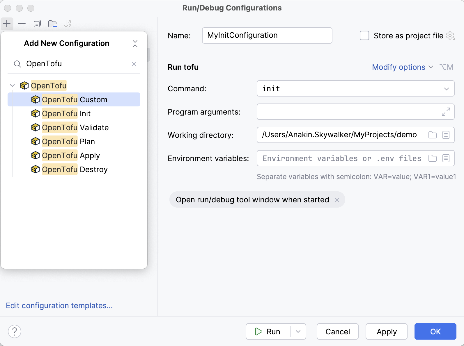 Terraform run configuration Terraform run configuration