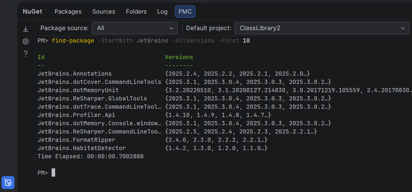 JetBrains Rider：NuGet 窗口，软件包管理器控制台选项卡