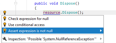 JetBrains&nbsp;Rider: Asserting expression for null