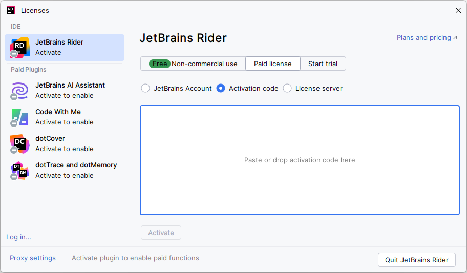 使用激活码激活 JetBrains&nbsp;Rider 许可证