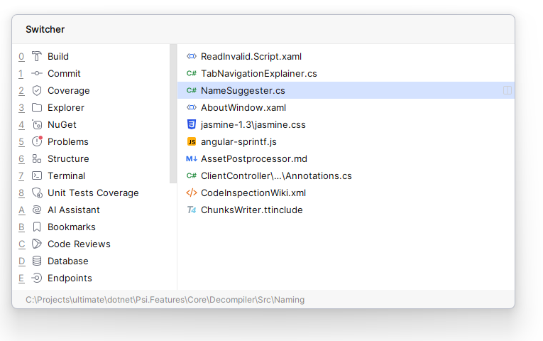 JetBrains&nbsp;Rider：切换器弹窗