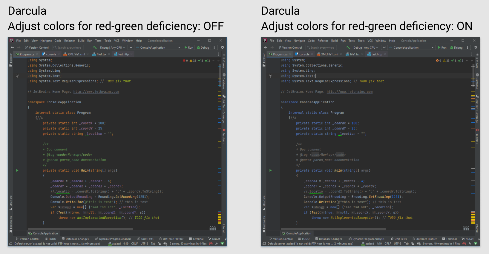 Special colors for the red-green color vision deficiency. Darcula theme Special colors for the red-green color vision deficiency. Darcula theme