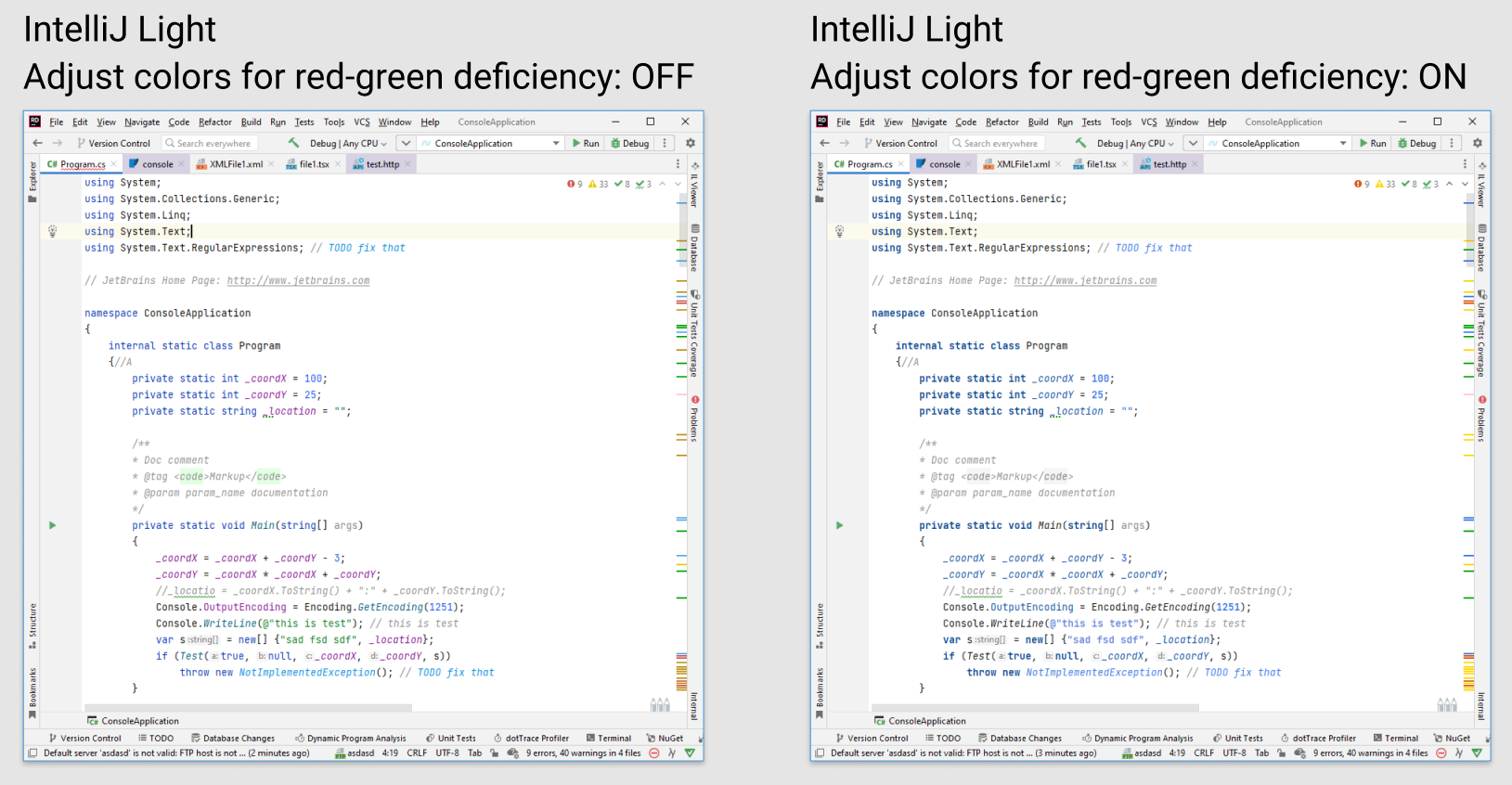 Special colors for the red-green color vision deficiency. IntelliJ-Light theme Special colors for the red-green color vision deficiency. IntelliJ-Light theme