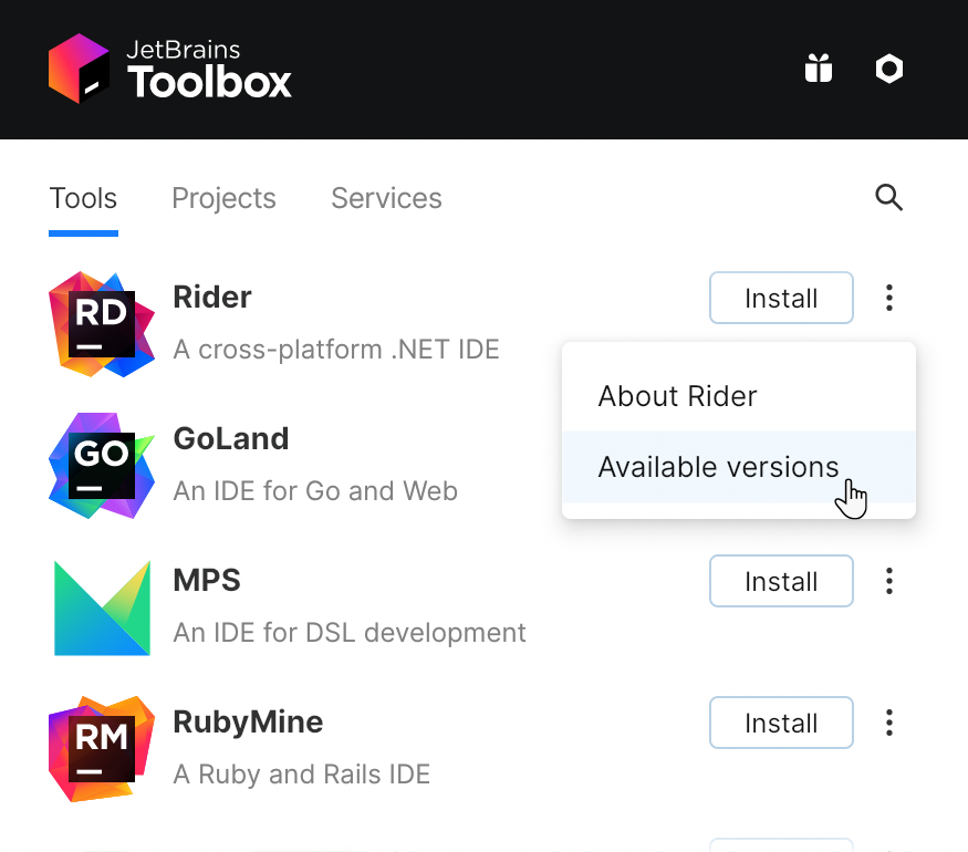 JetBrains Rider in the Toolbox App JetBrains Rider in the Toolbox App