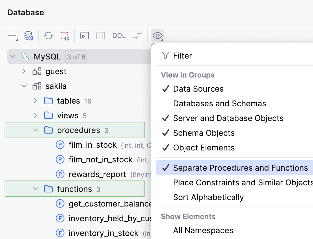 Database 工具窗口中禁用例程显示 Database 工具窗口中禁用例程显示