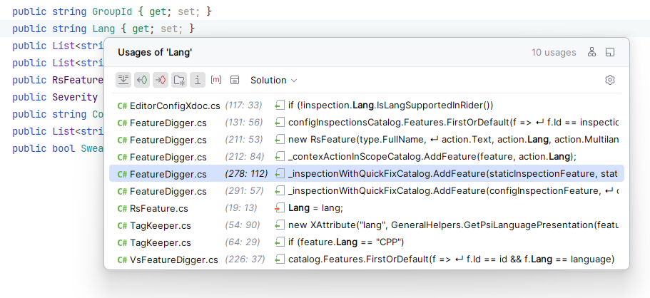 JetBrains&nbsp;Rider：显示用法弹出窗口