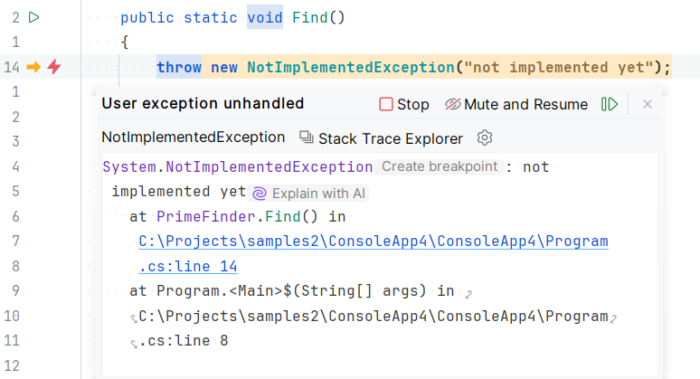 JetBrains&nbsp;Rider: Opening stack trace from exception