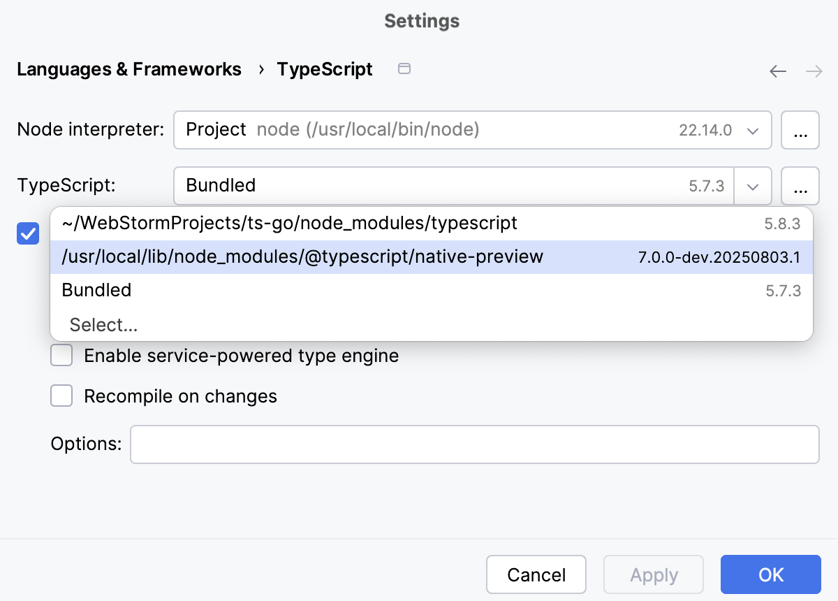 在设置对话框中启用全局安装的 @typescript/native-preview 包 在设置对话框中启用全局安装的 @typescript/native-preview 包
