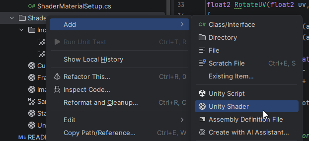 JetBrains&nbsp;Rider: Add a new Unity shader file