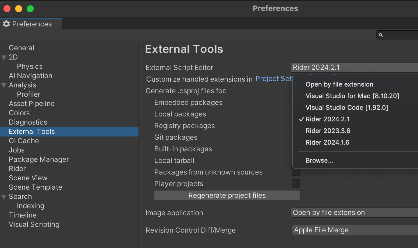 Selecting the Rider version in Unity Editor