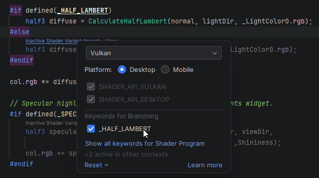 JetBrains&nbsp;Rider: Inactive shader variants branch annotation