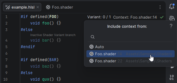 JetBrains&nbsp;Rider: Switch Unity HLSL shader context