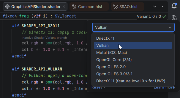 JetBrains&nbsp;Rider: Switching shader variants with Variants widget
