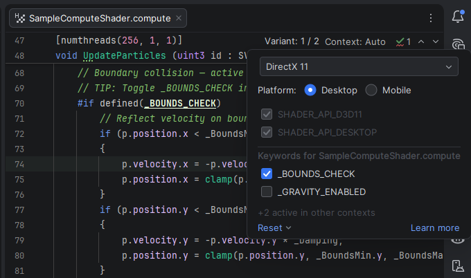 JetBrains&nbsp;Rider: Variants widget for Unity shader files