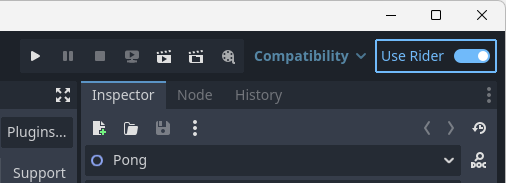 JetBrains&nbsp;Rider: 'Use Rider' toggle on the Godot editor toolbar