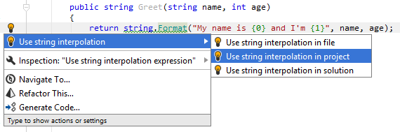 JetBrains Rider:将 String.Format 的用法转换为字符串插值 JetBrains Rider:将 String.Format 的用法转换为字符串插值