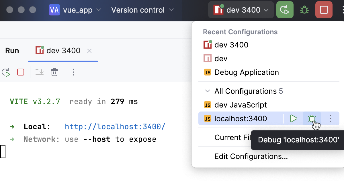 从运行小部件运行 JavaScript Debug 配置