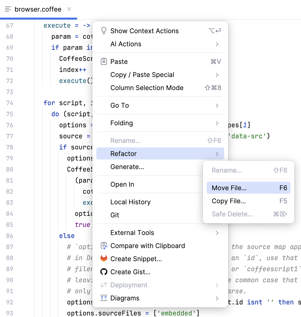 Refactoring CoffeeScript - invoke actions from the editor Refactoring CoffeeScript - invoke actions from the editor