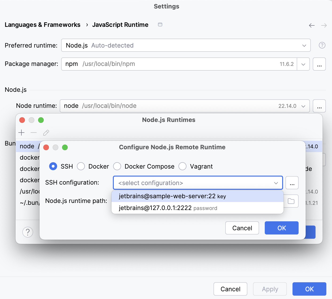 通过 SSH 配置远程 Node.js 运行时：选择 SSH 配置