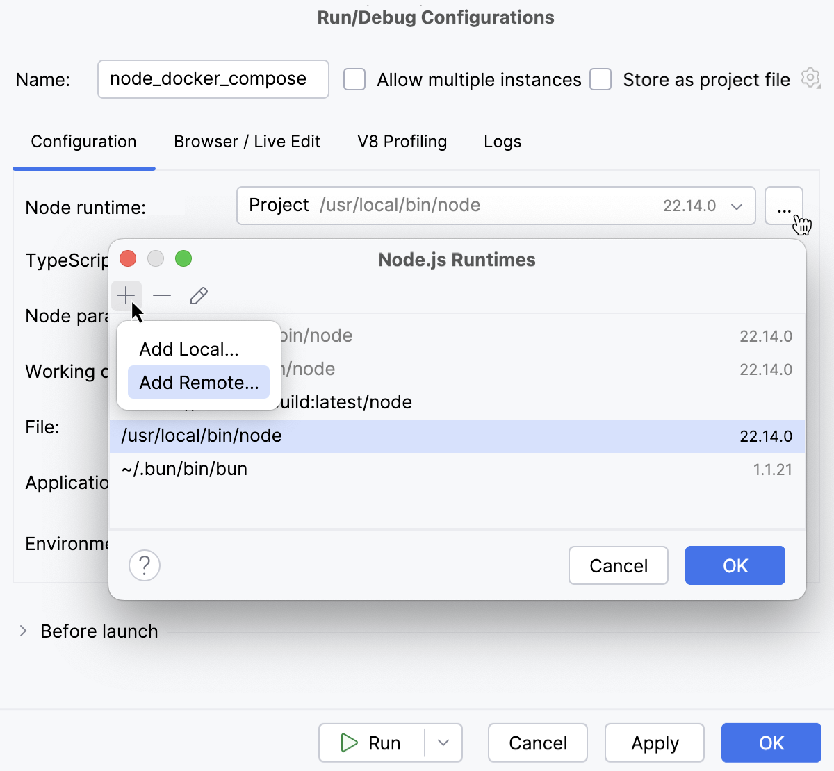 使用 Docker Compose 的 Node.js：运行/调试配置、配置运行时、选择 Add Remote