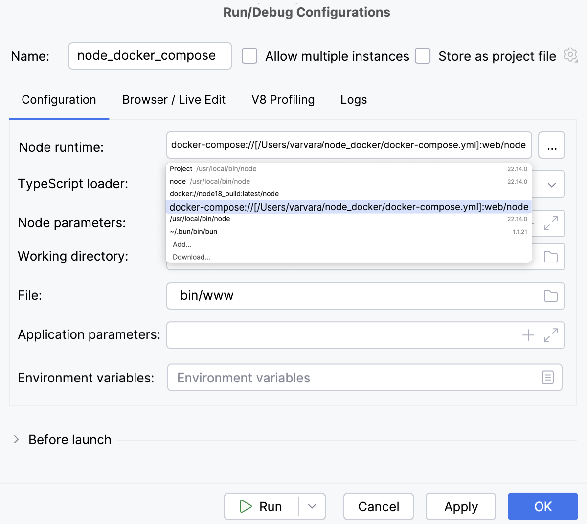 使用 Docker Compose 的 Node.js：运行/调试配置，选择解释器