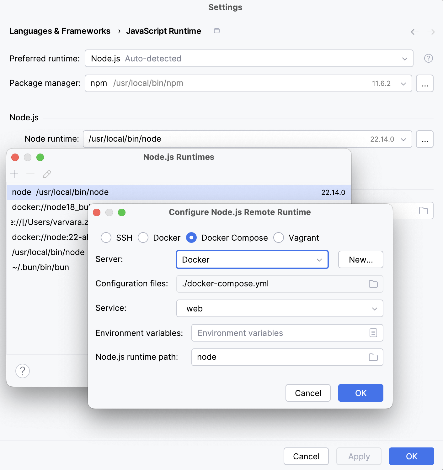 通过 Docker Compose 配置 Node.js 运行时：选择 Docker 服务器