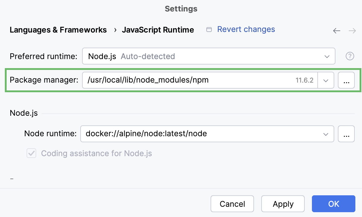 在 Docker 容器中配置 Node.js 运行时：设置为默认项目解释器