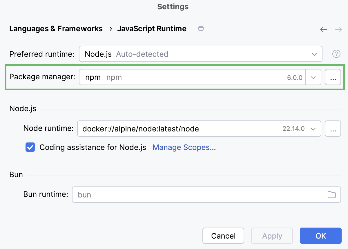 设置：已将新配置的远程 Node.js 运行时选为默认
