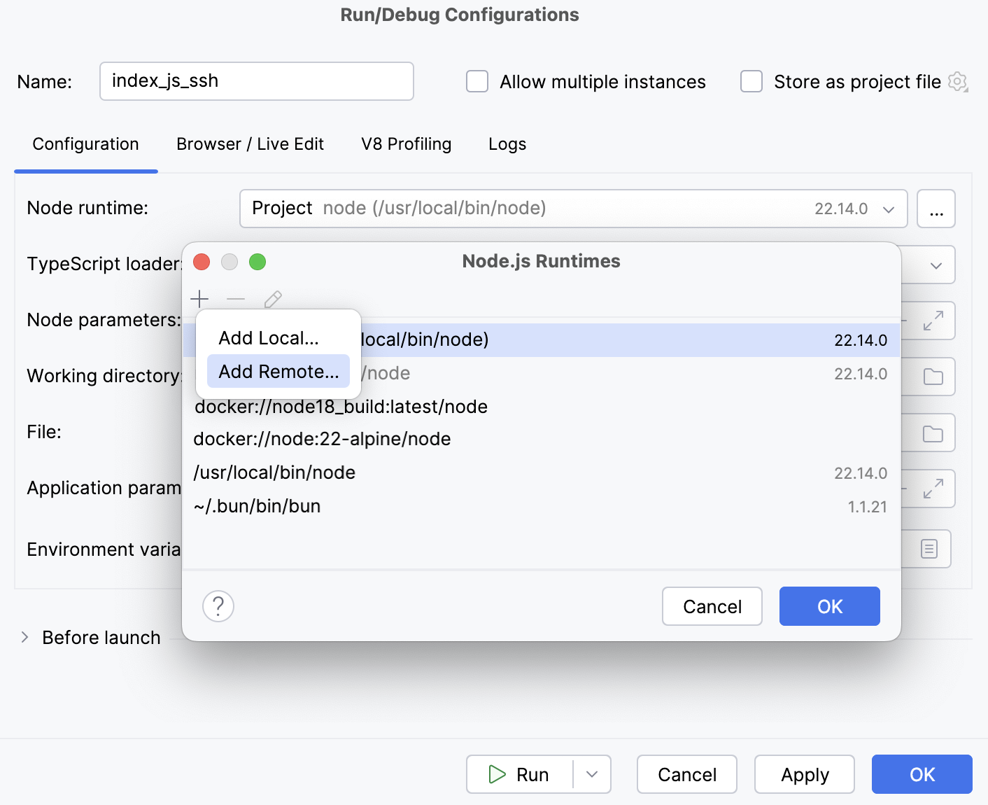 通过 SSH 的 Node.js：运行/调试配置、配置运行时、选择 添加远程