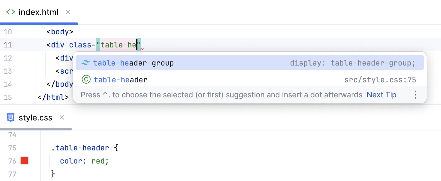 补全列表 — 来自服务器和项目的建议