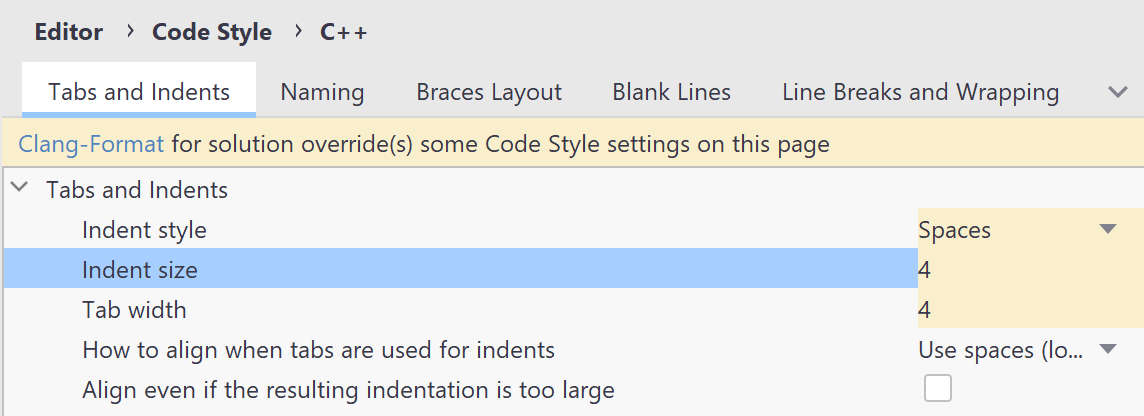 Code formatting options overridden by Clang-Format styles Code formatting options overridden by Clang-Format styles