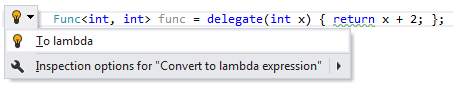JetBrains Rider: Converting anonymous method to lambda expression JetBrains Rider: Converting anonymous method to lambda expression